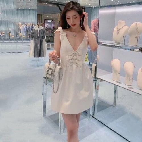 SeeBeautiful Rhinestone Bow-knot Patch A-line Dress Sexy V-neck Sleeveless Elegant New Fashion 2021 Summer Women E880