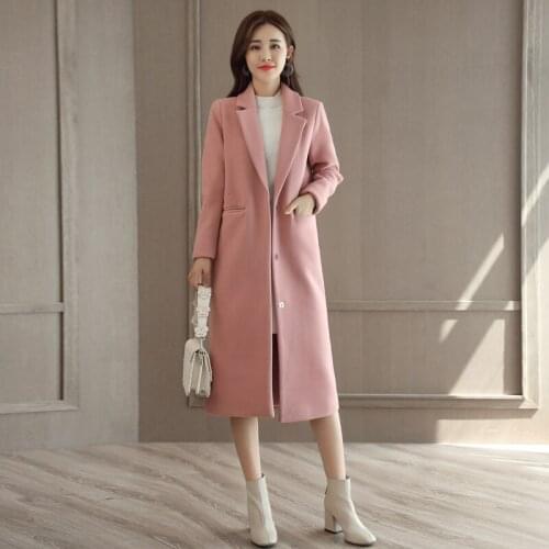 Women Autumn and Winter New Woolen Coat 2019 Over the Knee Long Section V-neck Solid Color Female women clothes