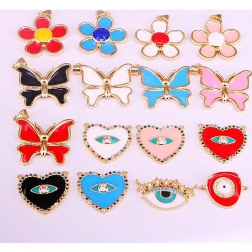 15PCS, Enamel Flower Pendant Crystal Zircon Micro Pave Charms For Making Popular Jewelry Accessories