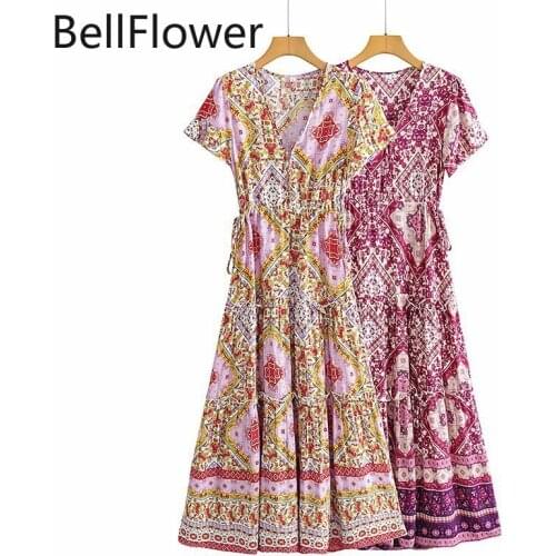 French Print Long Dress Summer Bohemian A-LINE V-Neck Belt Retro Short Sleeve Beach Party Mommy and Me Dress Women Clothing