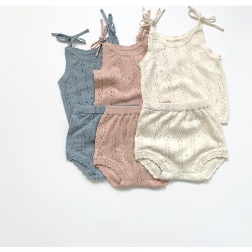 2021 SS Kids Girls Summer Knitting Clothes Sets Hollow Out Children Crochet Sling Tops and Bloomers Baby Girl Knitwear Suit