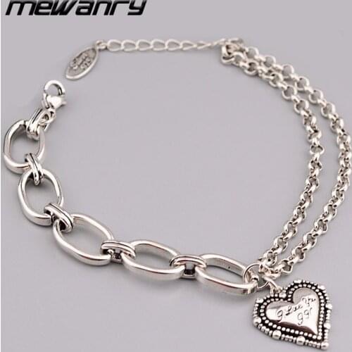 MEWANRY 925 Sterling Silver Double Layer Chain Bracelets for Women LOVE Heart Accessories Fashion Vintage Couples Party Jewelry