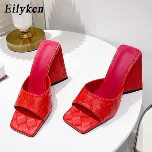 Eilyken New Fashion Square Toe Sexy Checkered Design Strange Heels Apricot Summer Womens Outdoor Mule Slides Shoes