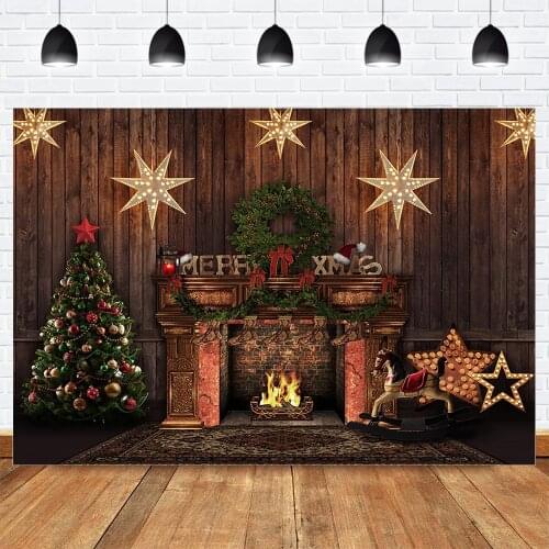 Backdrop Photography Christmas Party Fireplace Photo Background Christmas Tree Twinkle Stars Green Wreath Backdrop Trojan Toys