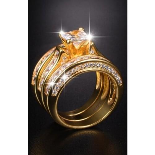 Luxury 925 Silver 7*7mm 20ct Princess-cut Topaz Ring set 3-in-1 Female jewelry Yellow Gold Plated Wedding Rings For Women gift