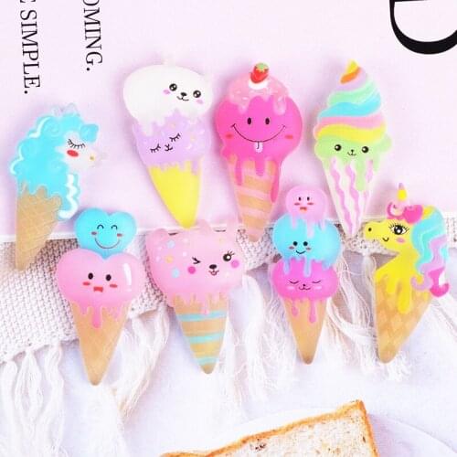 Colorful Kawaii Ice Cream Resin Cabochons 10pcs Flatback Cute Food Embellishments Scrapbooking Charms Patch Sticker Hair Bow DIY