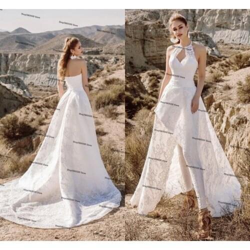 Full Lace Country Wedding Jumpsuit with Detachable Train 2022 Halter Neck Backless Bohemian Beach Bridal Dress Pant Suit