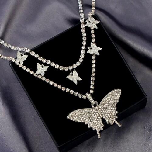 Fashion Multicolor Crystal Butterfly Pendant Tennis Necklace For Women Gold Silver Color Double Layered Rhinestone Choker Jewely