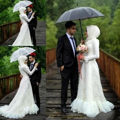 Muslim Hijab Wedding Dresses Long Sleeve Elegant Lace Appliques High Neck Bridal Gowns Custom Made Plus Size Wedding Dress
