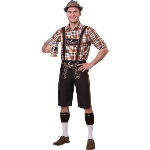 Man Oktoberfest Costume Suspender Lederhosen Shirt Hat Outfit Bavaria Beer Party Fancy Dress