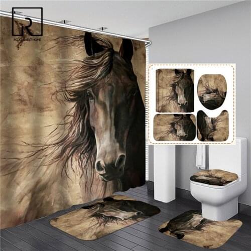 Running Horse Print Bathroom Set Shower Curtain with Anti-slip Flannel Bathing Mat Doormat Toilet Lid Cover Home Kitchen Carpet