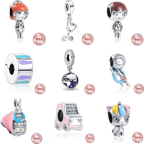 New 925 Silver Doctor Car Fish Spacer-Cilp Round World Pangle Fit Pandora Original Bracelet Charms Beads For Women DIY Jewelry