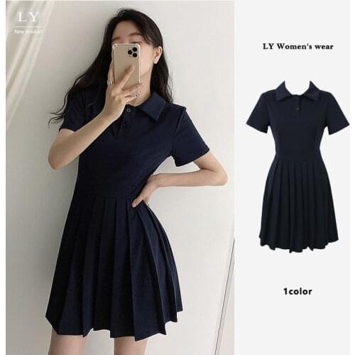 Girls Dress 2021 Summer New Hepburn Style Pleated Dress Polo Doll Collar Solid Color Dress Dresses for Women