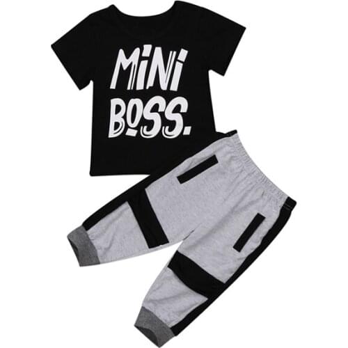 Casual Active Fashion Summer Newborn Infant Baby Boys Short Sleeve Pullover Letter Black Shorts Tops Grey Pants Outfit 1-6Y