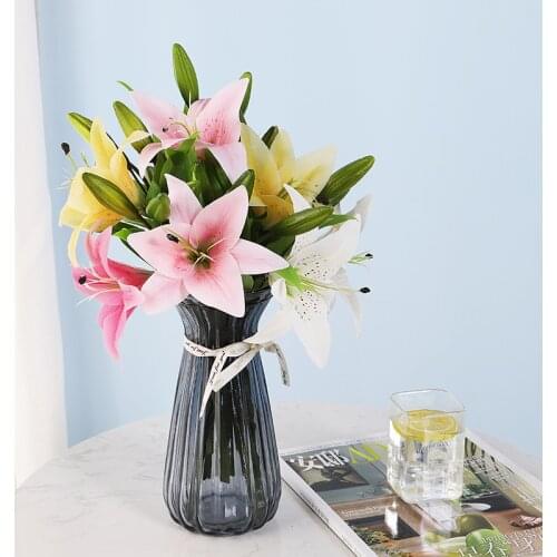 Real Touch High Quality Artificial Flowers Lily Bouquet Fake Plant For Home Desktop Vase Decor Plastic Wedding Decorations
