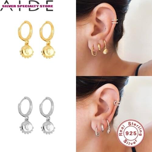 AIDE S925 Silver Hoop Earrings For Women 2021 Vintage Gold Moon Earring Girl Fine Jewelry Piercing Pendientes Brincos Bijou Gift