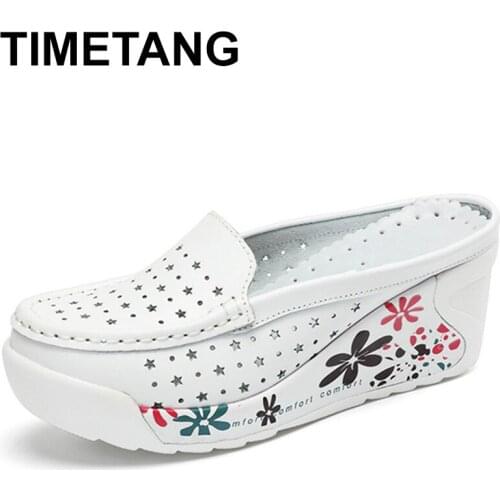 TIMETANGNew Arrival Genuine Leather Summer Shoes Women Creepers Casual Breathable Flat Platform Shoes Woman Summer Casual Shoes