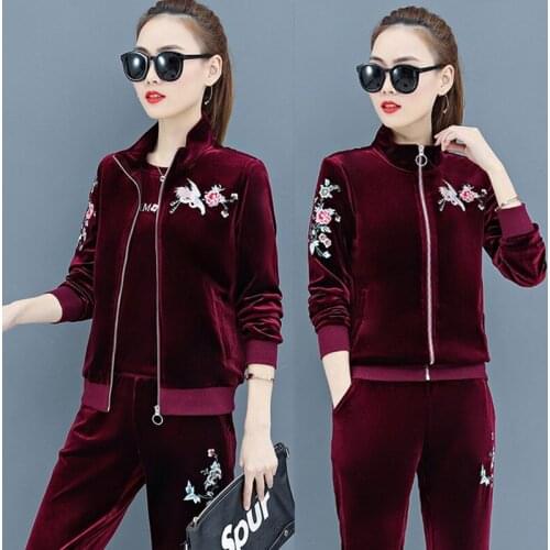 Velour Tracksuit 3 Piece Set Women Autumn Clothes Embroidery Zipper Coat T-shirt Pants Velvet Suit Elegant Fashion Female Outfit