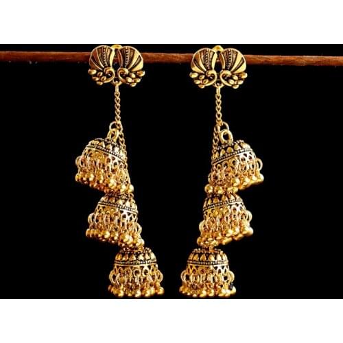 Vintage Indian Bollywood Kundan Peacock Jhumka Jhumki Drop Earrings For Women Gold Metal Long Chain Bell Tassel Gypsy Jewelry