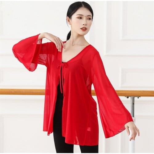 Women Classical Dance Mesh Blouse Shirt Loose Transparent Long Sleeve Wrap Top Light Flow Dancewear Free Size