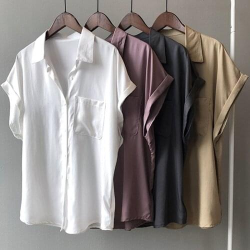 Vintage Pocket Women White Shirts Summer Loose 2021 Turn-Down Collar Batwing Sleeved Elegant Office Lady Outwear Tops