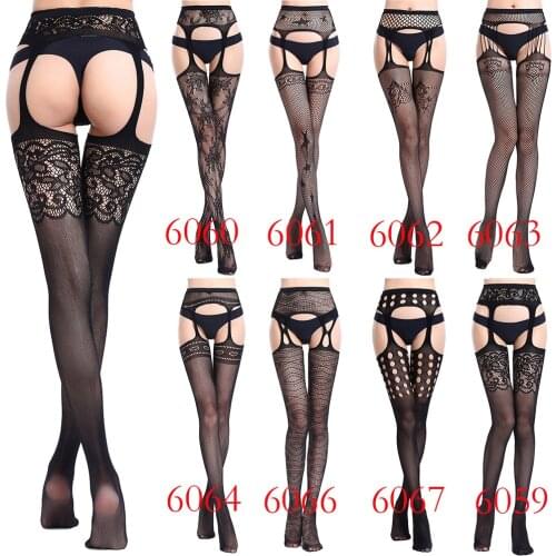 Cheap Sissy Womens Open Crotch Tights Stocking Sexy Lingerie net Lace Garter Belt See Through Thigh Socks Night Party Clubwear