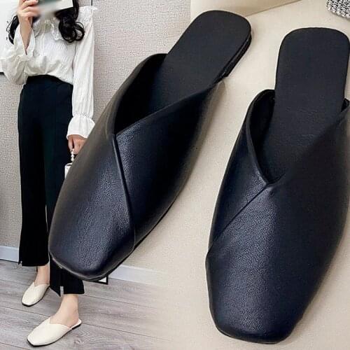 Women Slippers Shoes PU Flats Square Toe Casual Ladies Solid Shallow Slingbacks Female Fashion Concise 2021 New Comfortable Shoe