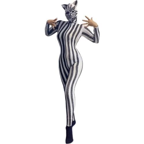 Striped Inlaid Diamond Tight Elastic Jumpsuit Cat Role-Playing Cute Women Asymmetrical Bodysuit Halloween Performance Costumes