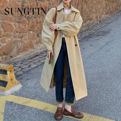 Sungtin Vintage Oversized Loose Long Trench Coat with Belt Women Korean Style Causal Double Breasted Coat New Simply Windbreaker