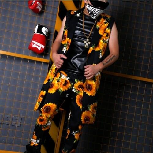 Hot 2020 New Arrival Dress Vests For Men Slim Fit Mens Sunflower Long Suit Vest Male Singer Waistcoat Sleeveless Costume Jacket