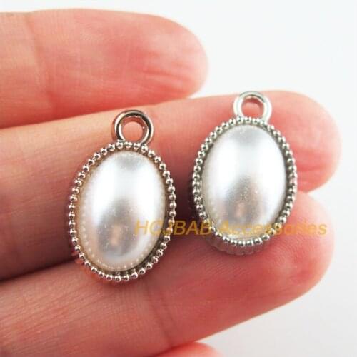 30Pcs Retro Dull Silver KC Gold Color White Acrylic Oval Charms Pendants 13x21mm