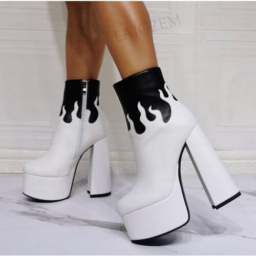 BERZIME Ankle Platform Boots Block High Heels Zip Up Patchwork Faux Leather Booties Height Increase Shoes Woman Large Size 39 43