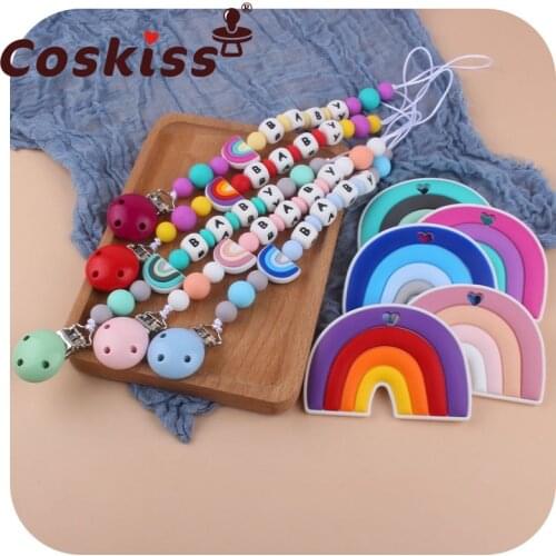 Coskiss Silicone Rainbow Teether Pacifier Chain Silicone Teether Baby Shower Gift Teething Necklace Silicone Beads BPA Free