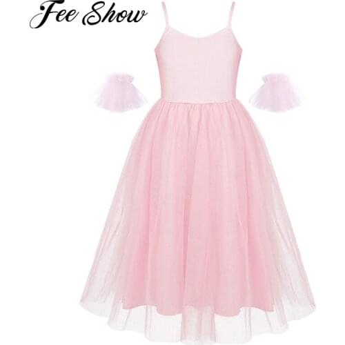 Kids Girls Spaghetti Shoulder Straps Ballet Dress Romantic Style Ballerina Ballet Dance Mesh Long Dress with Ruffled Arm Sleeves