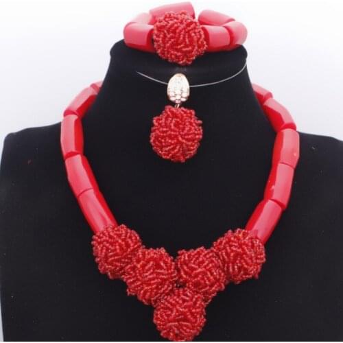 Dudo A+ Red Nature Coral Jewelry Set With Crystal Beaded Balls Traditonal African Bridal Jewelry Sets Nigerian Wedding Free Ship
