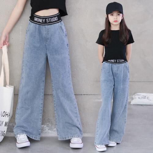 Girl Jeans Sets Children Spring Summer Fashion Black Cropped Tops& High Waist Wide Leg Denim Pants Clothing Sets Clothes Girls