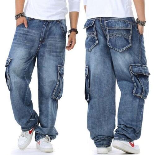Size 30 - 46 Men Baggy Jeans Loose Streetwear Pants Fit Relaxed Straight Fashion Pocket Hip Hop Blue Wide Leg Denim Trousers