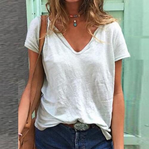 Fashion T-Shirt Female Casual Loose Plain Women Summer Basic Lady V-Neck Solid Color Short Sleeves 2021 Summer Clothing Tops