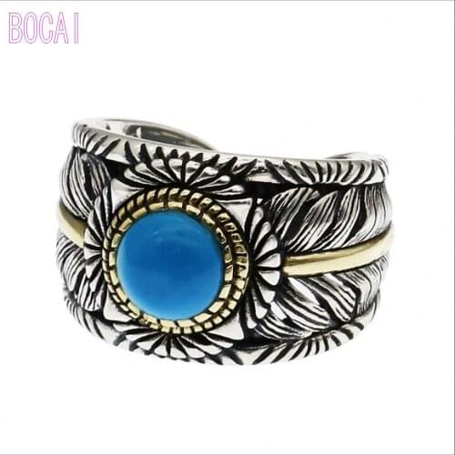 100% S925 pure silver ring for male personality wide version mens silver ring Thai silver five-pointed star ring for students