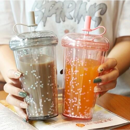 420ml Reusable Sparkling Glitter Cup with Lid Straw Transparent Sequins Water Bottle Cute Plastic Double Layer Drink Mug