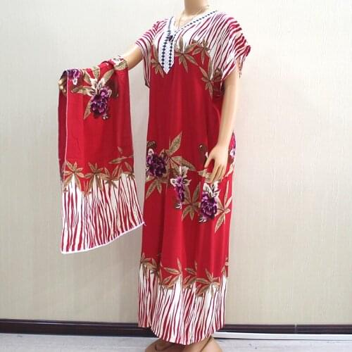 2020 Fashion New Arrival Wonderful Red 100% Cotton Appliques V-Neck Short Sleeve Long Dress African Dashiki Long Dress