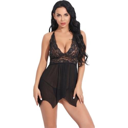 Fashion Top Ladies Sexy Lace Mesh Nightdress Set European And American Erotic Lingerie Set