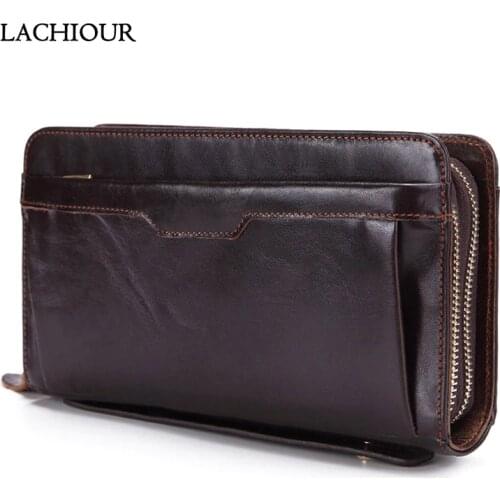 Lachiour Men Genuine Leather Clutch Bag Wallet Male Long Double Zipper Purse Coin Mens Phone Bag for Card Holder Case