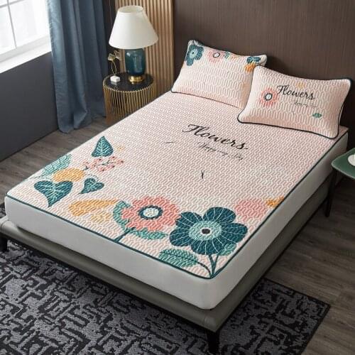 2021 NEW Printed Latex Fiber Cool Mat Soft Fitted Sheet Set 2/3pc Elastic Band Folding Bed Summer Mattress Cover Flower Bedcloth