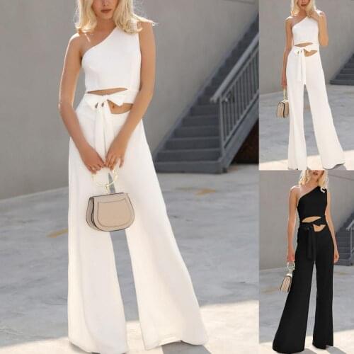 Solid Color Fashion Women Elegant One Shoulder Jumpsuit Summer Overall Sleeveless for Work