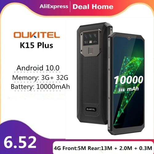 OUKITEL K15 Plus 10000mAh NFC Smart Phone 6.52" 3GB RAM 32GB ROM Cell Phone Quad Core Android 10 Face ID Unlock Mobile Phone