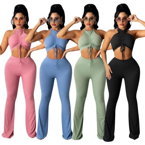 Casual Knit Rib Drawstring Bandage Solid 2 Piece Outfits Sexy Off the Shoulder Crop Top + Flare Pants Slim Club Two Piece Set
