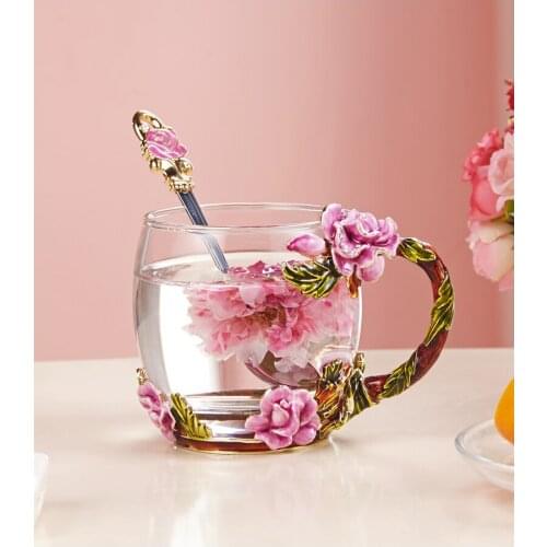 Rose Flower Enamel Water Cup Crystal Glass Cup European Female Flower Tea Cup Coffee Cup Household