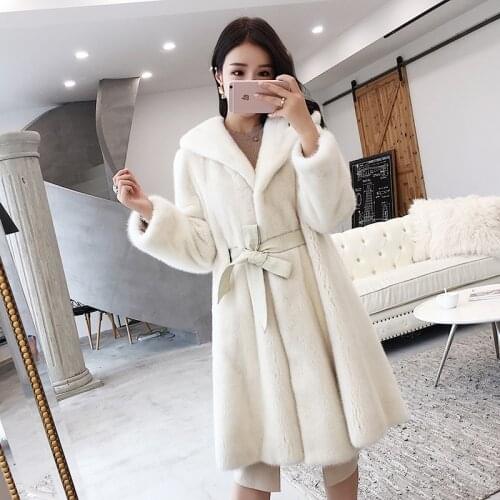 Mink Whole Fur Women Long Coat with Belt Winter Thick Slim Warm Female Mink Fur Hood Jacket