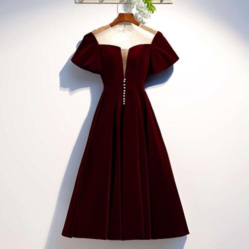 Burgundy Velvet Party Dress Sheer Neckline Lace-up Back Tea Length Prom Gowns